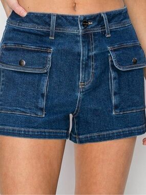 Risen-High-Rise Dark Blue Denim Cargo Pocket Shorts